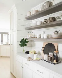 Kitchen design with open shelves and cabinets