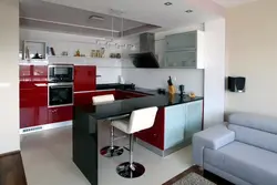 Kitchen living room design with bar counter and sofa