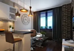 Kitchen living room design with bar counter and sofa