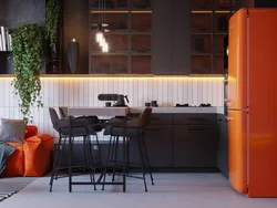 Kitchen design with orange refrigerator