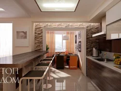 Photo of a living room kitchen in an apartment with a balcony