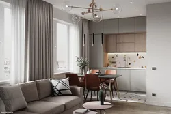 Living room with kitchen in a modern style photo with two windows