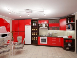 Фото Красная Кухня Гостиная