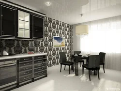 Black wallpaper in the kitchen in the interior