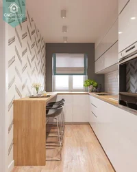 Narrow kitchen design with window at end and door