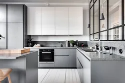 White gray black kitchen in the interior photo