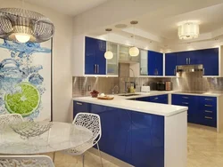 Kitchen design with blue wallpaper