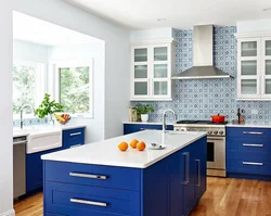 Kitchen design with blue wallpaper