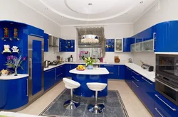 Kitchen design with blue wallpaper