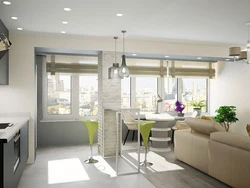 Дизайн кухни гостиной в современном стиле в квартире с балконом