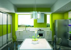 Kitchen In Green Color Design Photo With Wallpaper