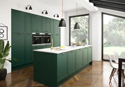Kitchen in green color design photo with wallpaper