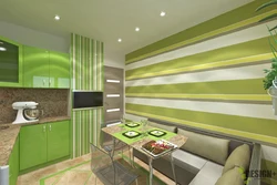 Kitchen in green color design photo with wallpaper