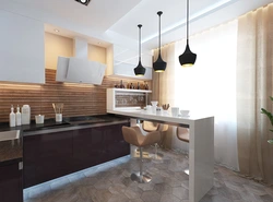 Kitchen 9 sq.m. design with a bar counter