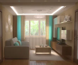 Дизайн прямоугольной комнаты с балконом гостиная
