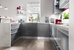 Kitchen with gray floor in the interior photo