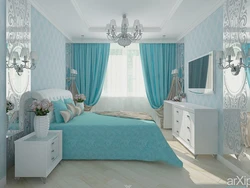 Шэра блакітная спальня дызайн фота