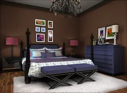 Сіні з карычневым у інтэр'еры спальні