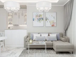 Light gray kitchen living room interior