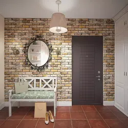 Hallway design with bricks and wallpaper