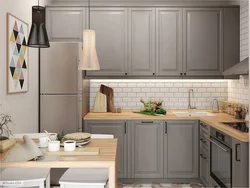 Light gray kitchen design with wood