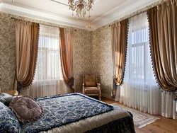 Дызайн штор для спальні ў класічным стылі
