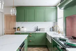 Green Kitchen With Wooden Countertops In The Interior