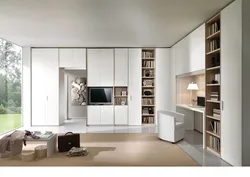 Living room wall design with built-in wardrobes
