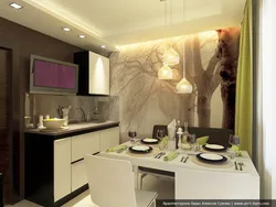 Modern kitchen design with photo wallpaper on the wall