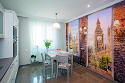 Modern kitchen design with photo wallpaper on the wall