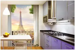 Современный дизайн кухни с фотообоями на стене