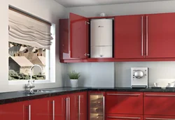 Kitchen design with a gas boiler in the corner on the wall