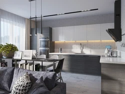 Kitchen Living Room Interior Design In Gray Tones