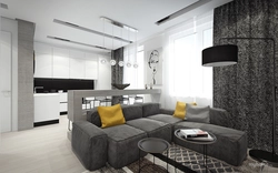 Kitchen living room interior design in gray tones