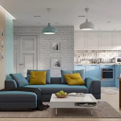 Kitchen living room interior design in gray tones