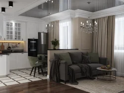 Kitchen living room interior design in gray tones
