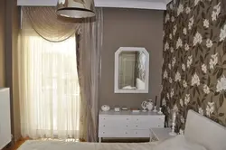 Curtains for light beige wallpaper in the bedroom photo