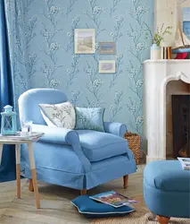 Blue wallpaper in the living room interior