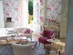 Wallpaper with flowers in the living room interior