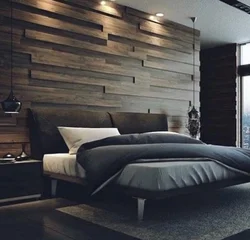 Gray Bedroom With Wood In The Interior