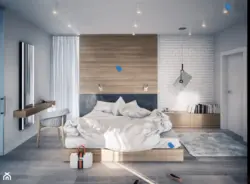 Gray Bedroom With Wood In The Interior