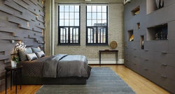 Gray bedroom with wood in the interior