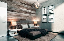 Gray bedroom with wood in the interior