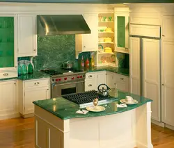 Green countertop in the kitchen interior