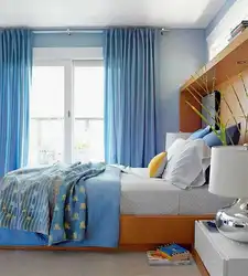 Шторы голубые в интерьере спальни