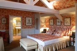 Country style bedroom photo interior with wallpaper