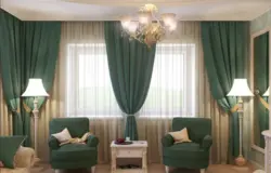 Green curtains in the living room interior