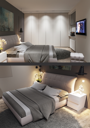 Interior design of a small bedroom with a bed