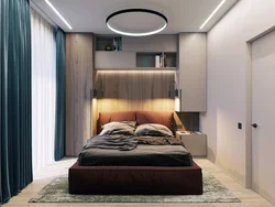 Interior design of a small bedroom with a bed