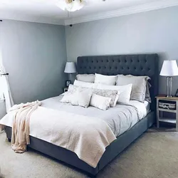Bedroom design with gray bed